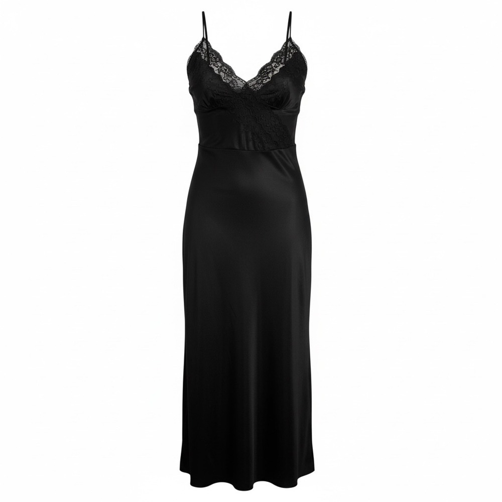 Vintage Small Black Lace Trim Maxi Slip Spaghetti Straps V‎ Neck Satin Nightgown